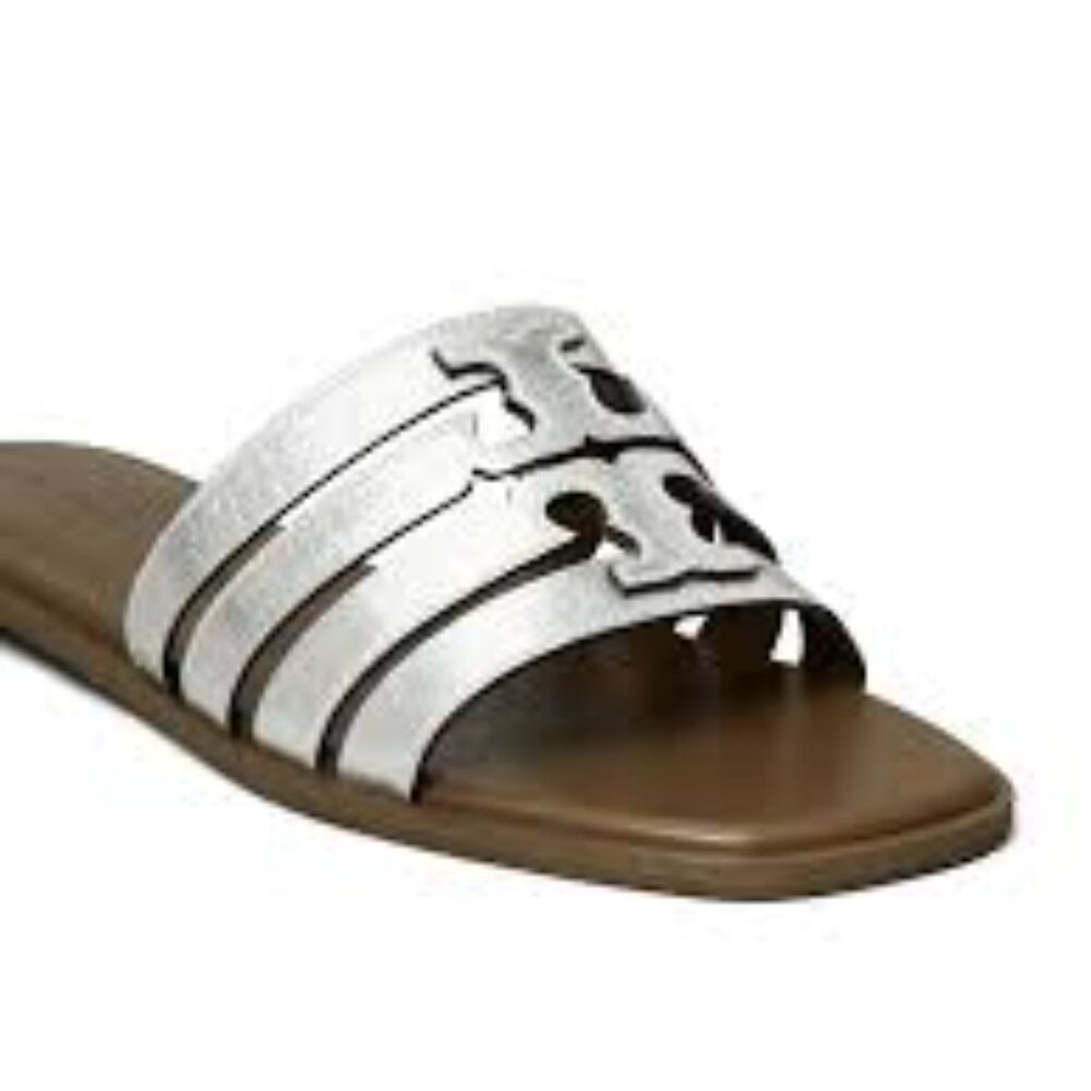 NIB Tory Burch Ines Slide Sandals Silver/Wild Mushroom